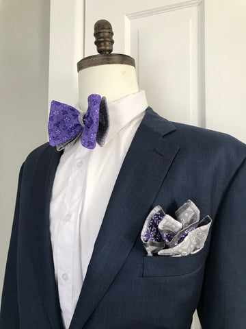 Light gray and purple print reversible Bowtie set (FATBOW )