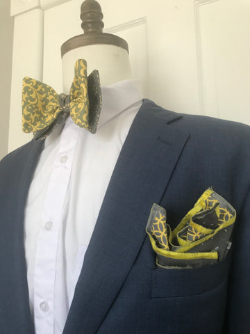 Grey and yellow print with yellow and grey print reversible Bowtie