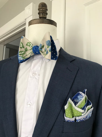 Beige with green and blue print with Royal blue dot reversible Bowtie set