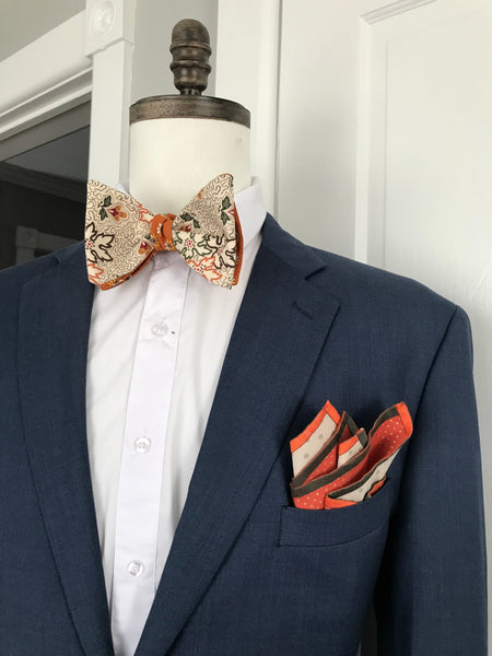 Beige and burnt orange print with burnt orange print reversible Bowtie set