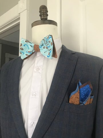 Light blue with brown paisley print and Brown paisley  reversible Bowtie set (fatbow)