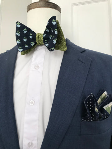 Blue and green print with green print reversible Bowtie set