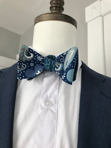 Teal blue print with deep teal print reversible Bowtie set