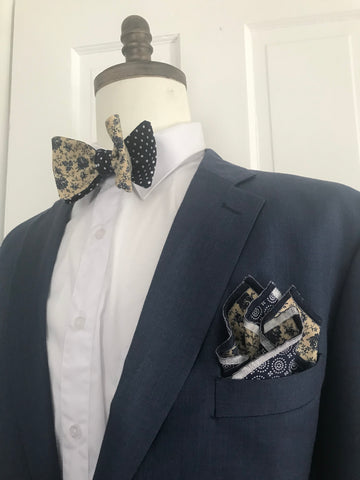 Blue dots with blue and beige print reversible Bowtie set (TRADITIONAL )