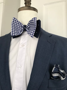 Blue check and dots print reversible Bowtie set