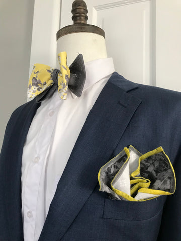 Grey print with yellow and grey print reversible Bowtie set