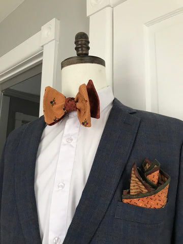 Deep brown with green accents and small hints of rust reversible Bowtie set (FATBOW)