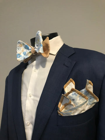 Tan dots and baby blue print reversible Bowtie set