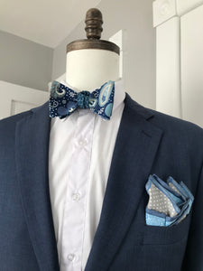 Teal blue print with deep teal print reversible Bowtie set