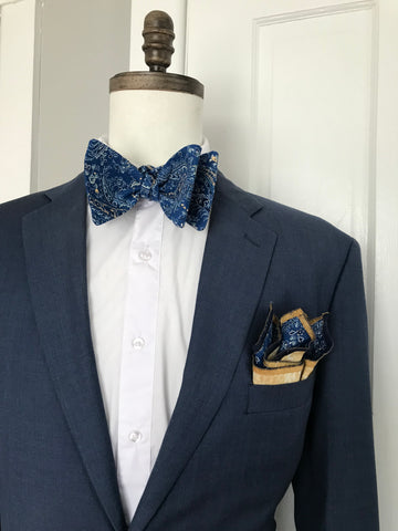 Blue and gold paisley print Bowtie Set