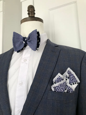 Blue paisley with blue dots reversible Bowtie set