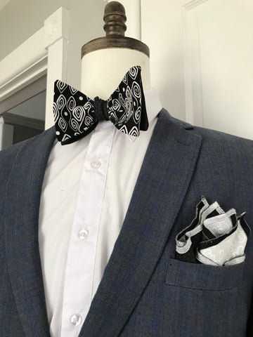 Black and white print with Black on black print reversible Bowtie set