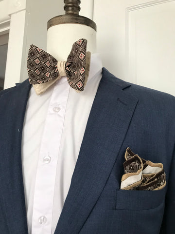 Brown print with cream print reversible Bowtie set