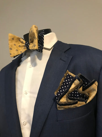 Blue dots and beige with blue print reversible Bowtie Set