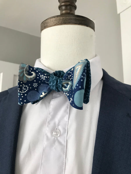 Teal blue print with deep teal print reversible Bowtie set