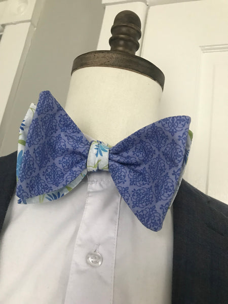 Baby blue print with baby blue and green print reversible Bowtie set