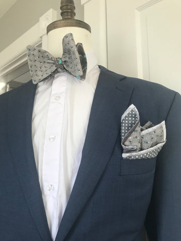 Grey with teal print mixed reversible Bowtie set (FATBOW)