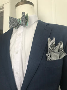 Darker grey with a faint yellow and grey print reversible Bowtie set (TRADITIONAL )