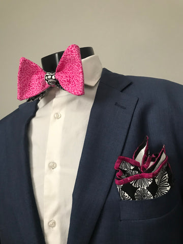 Black paisley with deep rose accents and rose print reversible Bowtie set
