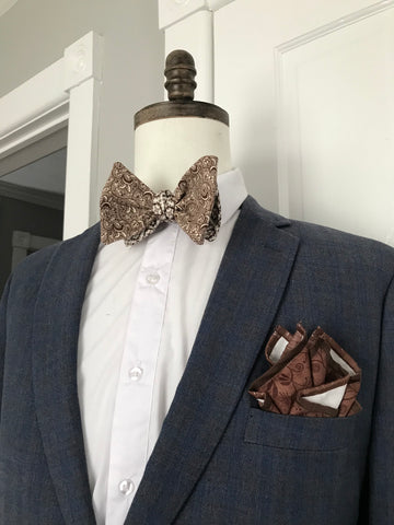 Brown cream print with brown circle dot reversible Bowtie set