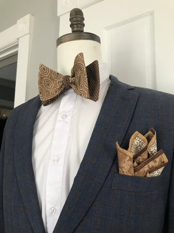 Brown dots with Tan and brown print reversible bow tie set