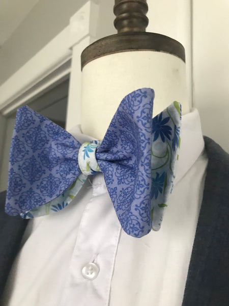 Baby blue print with baby blue and green print reversible Bowtie set