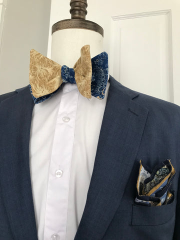 Beige print and blue paisley print reversible Bowtie set