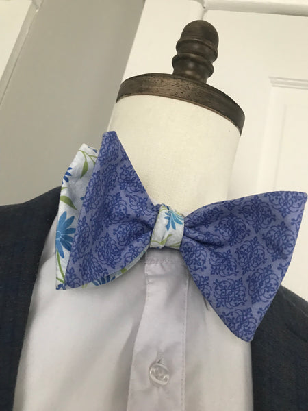 Baby blue print with baby blue and green print reversible Bowtie set