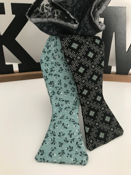 Black and Teal Print Reversible Bow tie Set